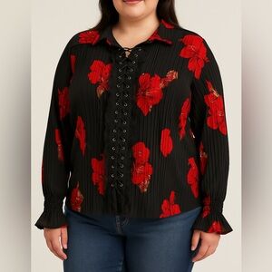 Black and Red Floral Lace-Up Women's Top 2X
